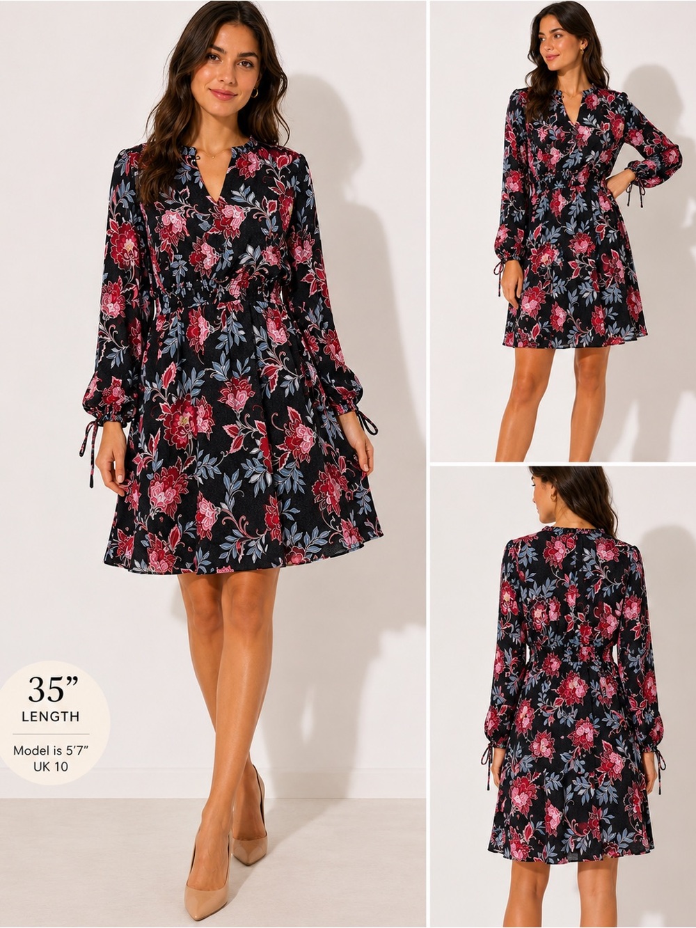 LOFT Floral Blouson Dress Size 10 Keyhole Neck Lined Elastic Waist Tie Sleeve
